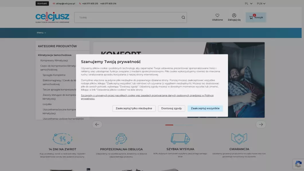 Zrzut ekranu strony internetowej firmy Części do klimatyzacji samochodowej | Sklep internetowy Sklepcelcjusz.pl